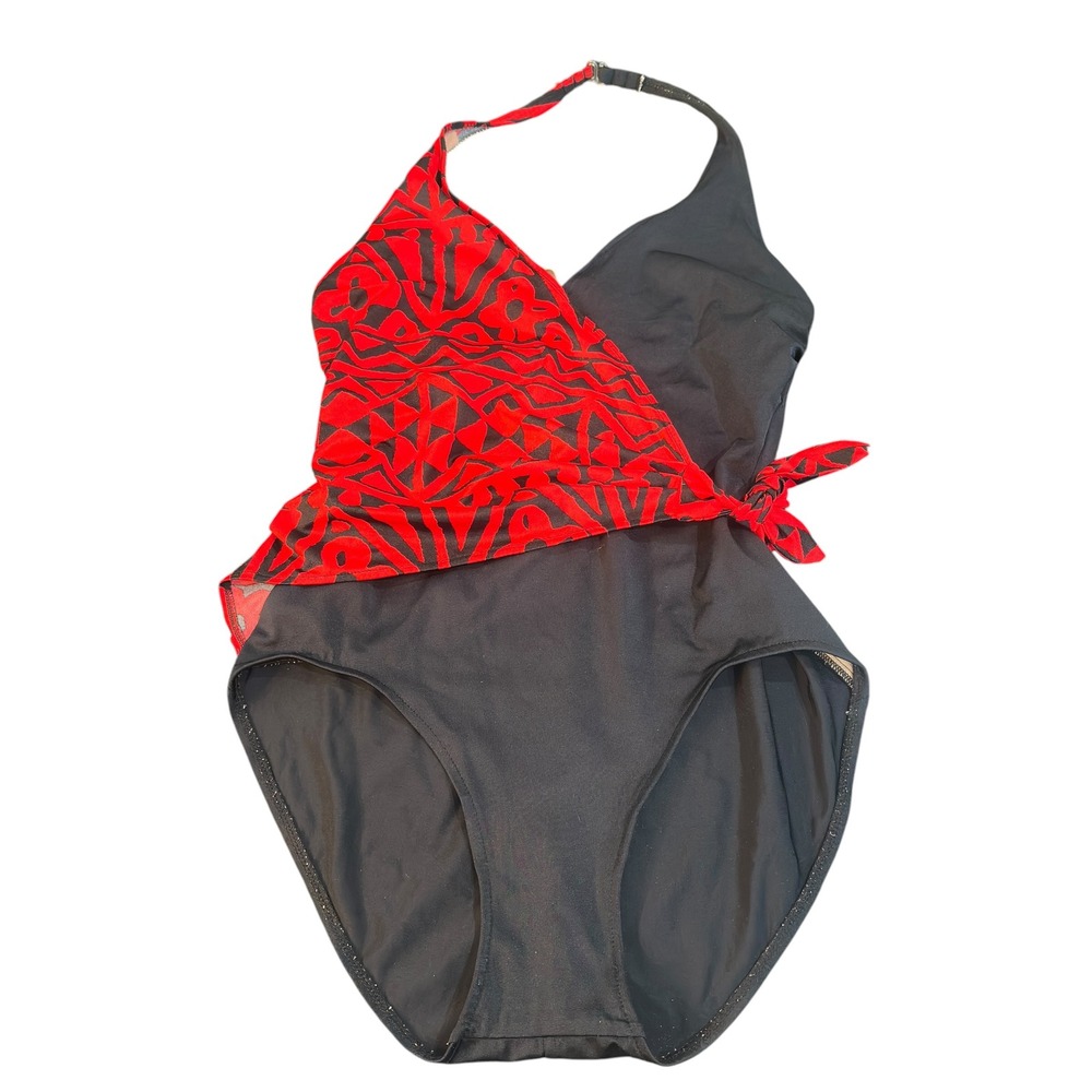Catalina Swimsuit Vintage 80s Red Black Geometric Wrap One Piece Size 16